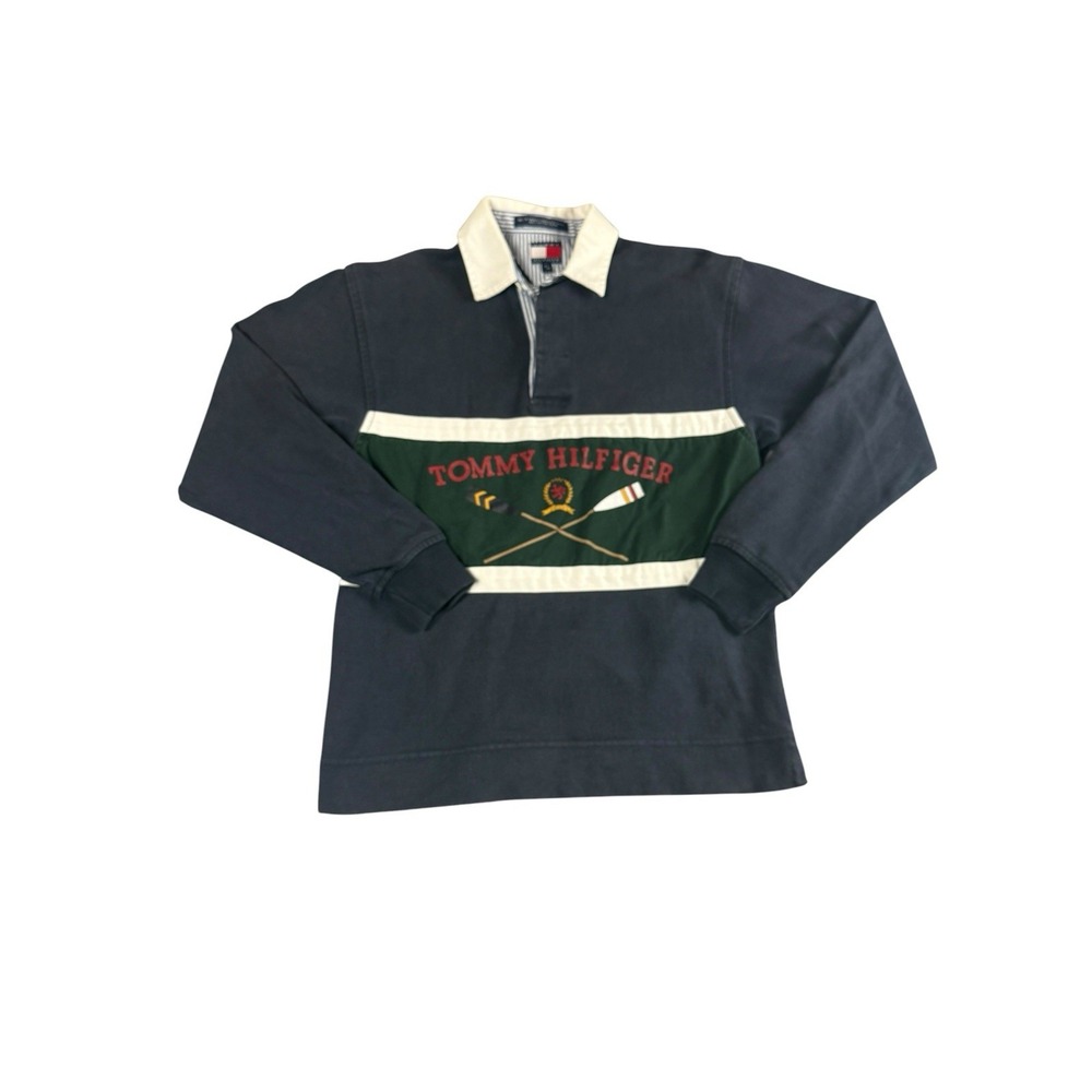 VINTAGE 90s TOMMY HILFIGER Rugby Shirt Mens M Rowing Graphic Heavyweight Cotton